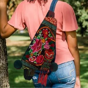 Ethnic Handmade Embroidery Black Floral Sling Bag With Tassels, Pom Poms & Beads